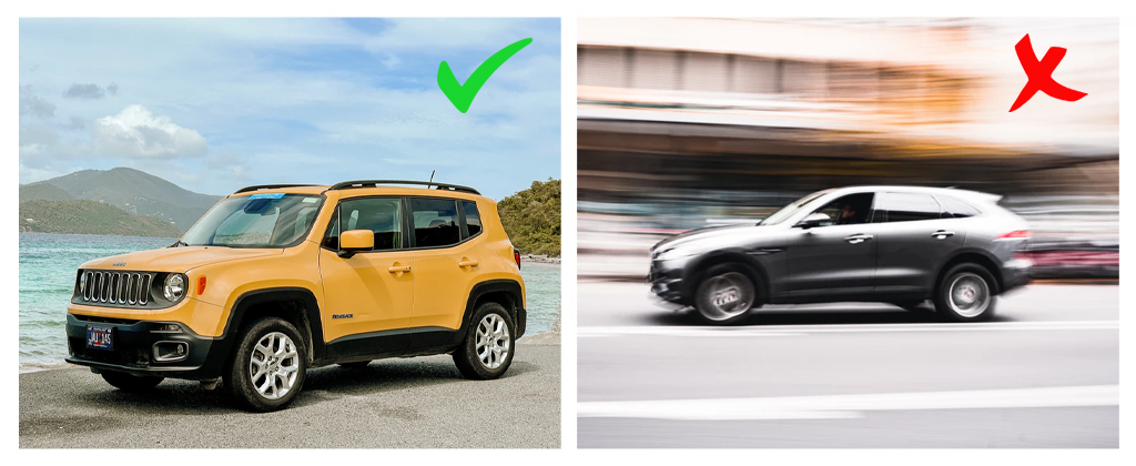 car photo comparison between without motion blur and with motion blur for automotive photography.