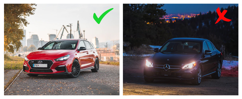 Car comparison between proper exposure and under exposure for automotive photography.